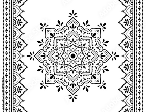 Set of mandala pattern and seamless border for Henna drawing and tattoo. Decoration in ethnic oriental mehndi, Indian style. Doodle ornament in black and white. Hand draw vector illustration.