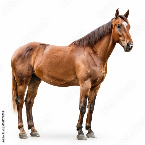 Beautiful chestnut horse standing majestically against a white background, showcasing its muscular build and elegant posture