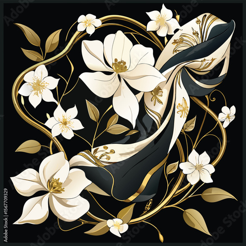Elegant High-Fashion Scarf Print Soft White Flowers and Gold Accents