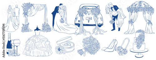 Wedding Ceremony Decor Clipart Minimalist Floral Arches, Bouquets, Car and Bride and Groom in Elegant Line Art Style