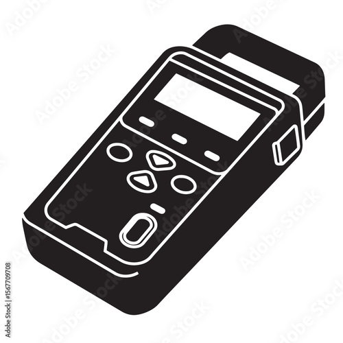 Black and white illustration of a portable payment terminal for financial transactions