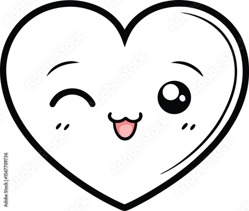 Winking Kawaii Heart Face With A Shy Blush Black And White