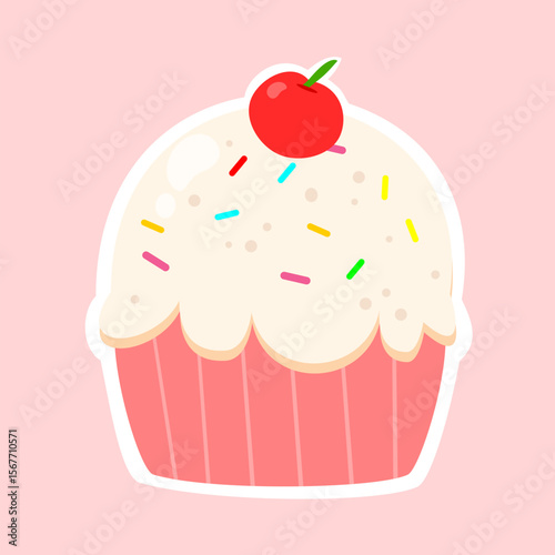White cupcake cartoon with cherry and colorful sprinkle. Delicious and tasty desert. Can be used for menu item, and kid decoration