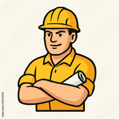 Confident Construction Worker with Blueprint Illustration