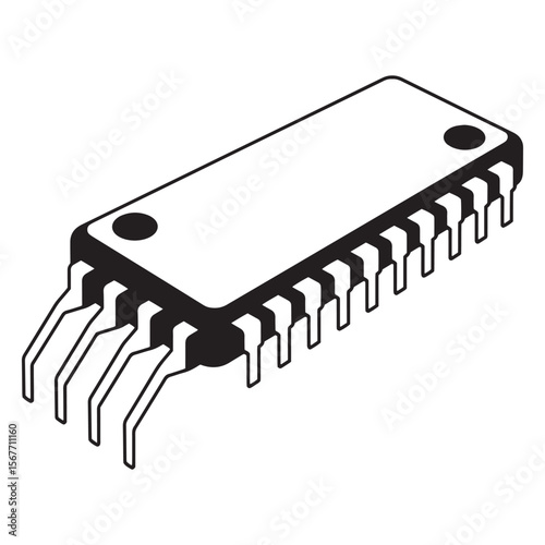Black and white isometric vector illustration of a dip integrated circuit component