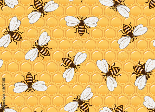 Seamless pattern of honeybees flying around on a honeycomb background. Honeycomb is a structure of hexagonal wax cells built by honey bees to store honey and pollen, and to raise their young bees. 