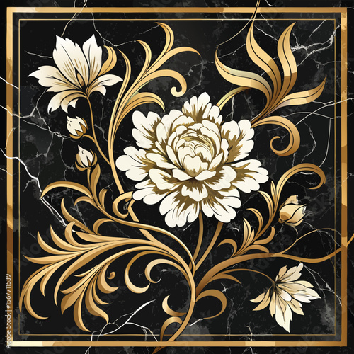 Luxury Floral Wall Panel Design Golden Swirls and Elegant Blooms