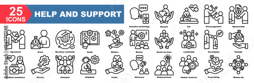 Help and Support icon collection set.Assistive technology,Nurture,Cpr,Encouragement,Sponsorship,Agreement,Grant.Simple line vector.