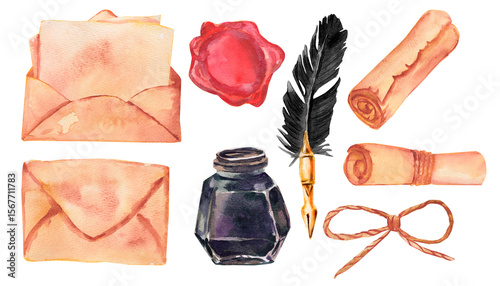 Watercolor Set of antique writing supplies. An inkwell, a pen, an open and closed envelope, scrolls, wax seal, a bow made of twine, a letter isolated on white.