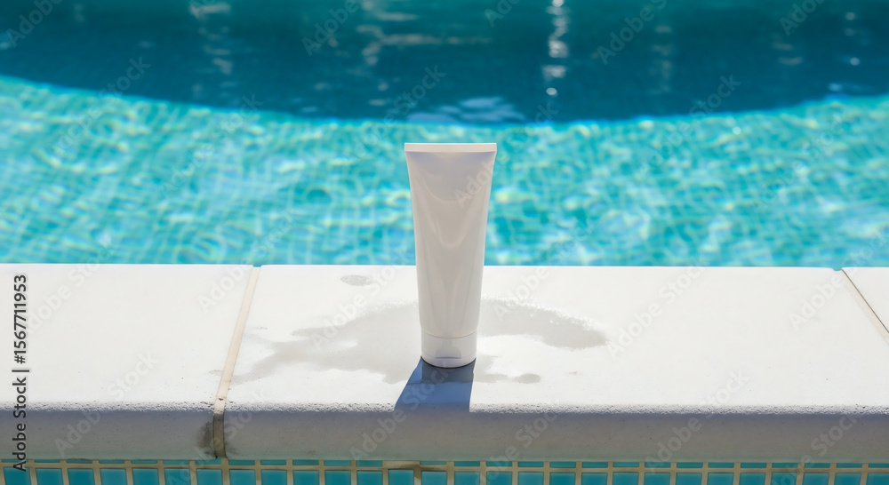 Fototapeta premium Tube of Sunscreen on Swimming Pool Edge in Sunny Outdoor Setting