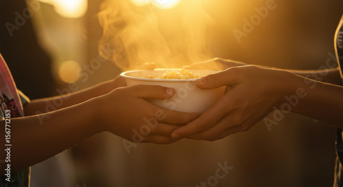 Sharing a bowl of hot food, helping hands, golden hour