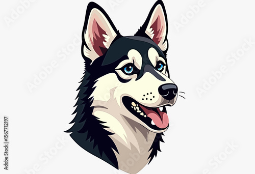 A happy and energetic Siberian Husky head in profile with bright blue eyes, a perfect vector logo or mascot for an adventure or pet care brand.
