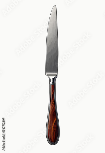 An elegant table knife with a sleek brushed steel blade and a beautiful polished wood handle, a perfect piece of luxury cutlery for fine dining. Isolated on white.
