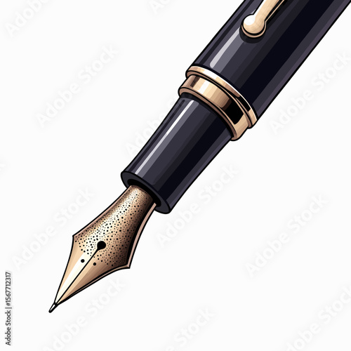 A detailed illustration of a classic black and gold fountain pen poised for writing, showcasing its textured gold nib and luxurious craftsmanship for writers.
