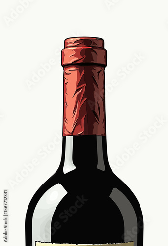 A close-up illustration of a dark red wine bottle neck, sealed with a crumpled red foil capsule, symbolizing celebration, fine dining, and luxury beverages.
