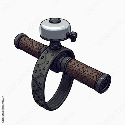An isometric illustration of a vintage-style bicycle bell on a handlebar with studded leather grips, a unique and stylish cycling accessory for a retro bike.
