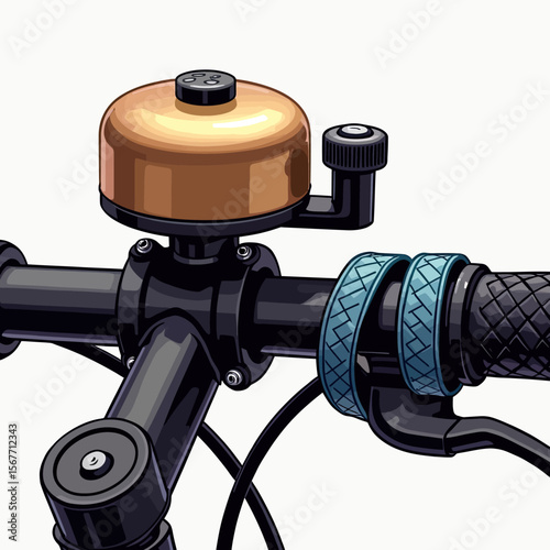 A detailed close-up illustration of a classic brass bicycle bell mounted on black handlebars with brake levers and stylish blue grip tape, isolated on white.
