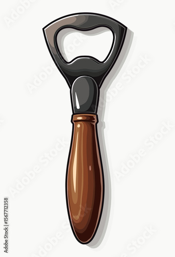 A classic and sturdy bottle opener with a polished dark wood handle and a sleek metal top, an essential bar and kitchen tool illustrated in a realistic style.
