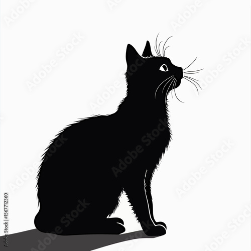 A sleek black cat silhouette sits alertly in profile, its fluffy fur and curious gaze captured in a minimalist vector illustration against a clean white background.
