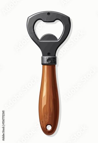 A classic bottle opener with a sturdy wooden handle and a metal top, an essential kitchen and bar tool for opening beverages, isolated on a white background.
