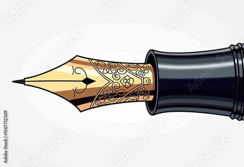 An intricate vector illustration of a classic fountain pen nib with ornate gold engraving, a symbol of calligraphy, writing, and luxury craftsmanship.
