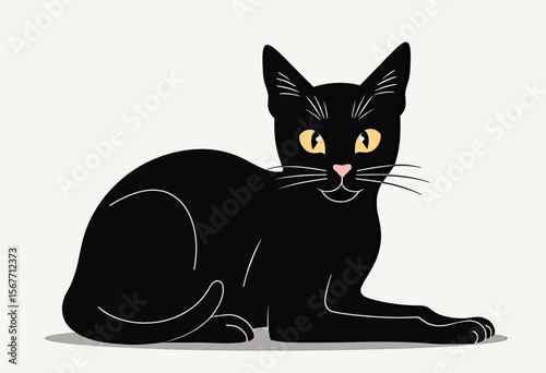 Stylized illustration of a sleek black cat with bright yellow eyes, reclining gracefully on a light background, symbolizing mystery, elegance, and independence.
