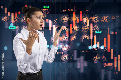 Worried businesswoman reacting to global stock market crash and falling investment prices on digital chart background in corporate office setting.