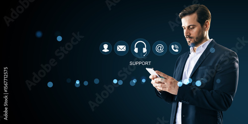 Businessman using smartphone with virtual support icons representing online c...