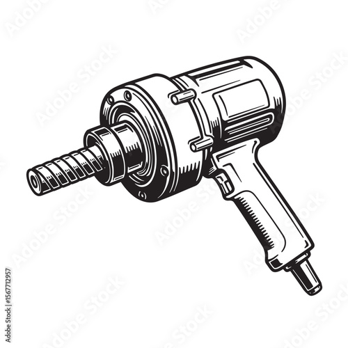 Detailed black and white illustration of an industrial pneumatic impact wrench tool