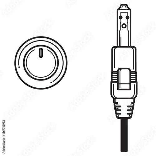 Detailed black and white vector illustration of power button and audio jack connector