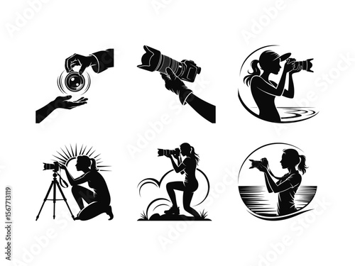 A collection of silhouettes focusing on a female photographer working in nature with her camera and equipment