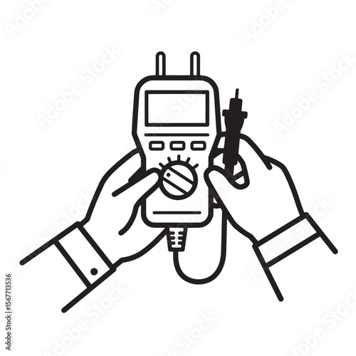 Electrical engineer using a multimeter for measuring voltage and conducting electrical inspections