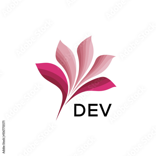 Abstract Pink Flower Petals Logo with Typography , DEV Later Logo, Elegant Gradient Botanical Emblem with Text DEV , Creative Nature-Inspired Logo Concept Isolated on White.
