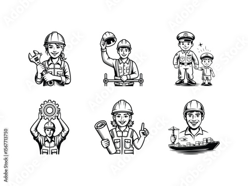 A variety of line art illustrations showing diverse workers like a female engineer, police officer, and ship foreman