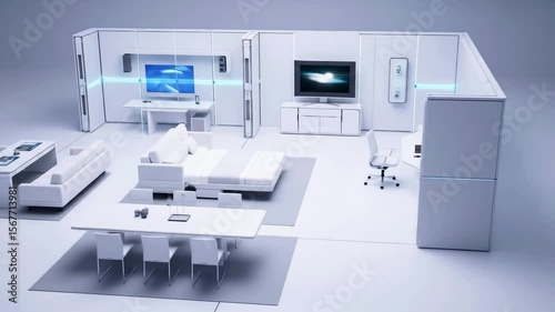 Modern minimalist living room and office space with sleek furniture and technology in a bright setting