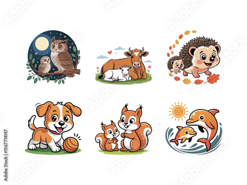 Charming cartoon illustrations of adorable animal families, including dogs, cats, and wildlife, perfect for children's designs