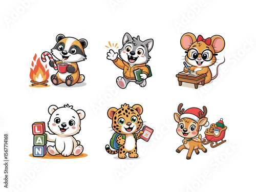 Charming Christmas animals in festive outfits, exchanging gifts, decorating trees, and spreading holiday cheer, perfect for kids' designs