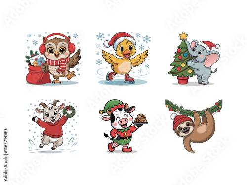 Charming Christmas themed animal characters, from gift giving to snowball fights, perfect for kids’ holiday projects and decorations