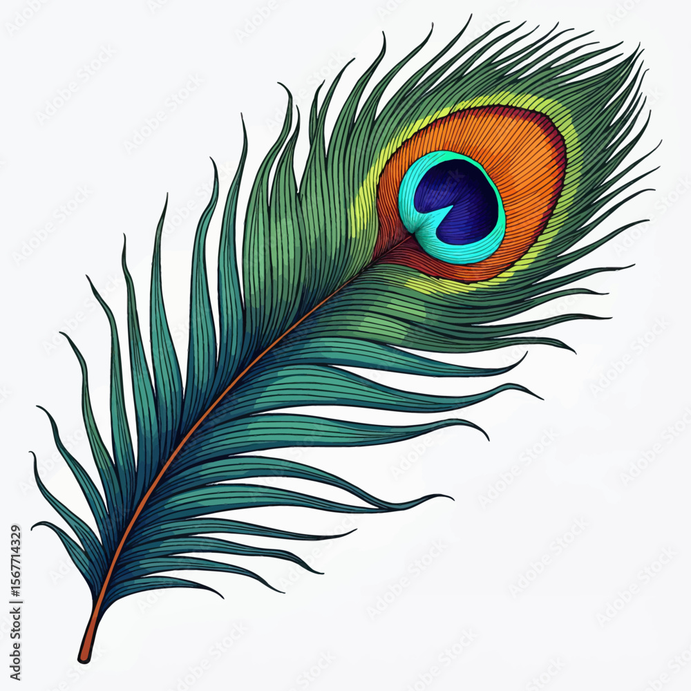 Obraz premium A beautiful and vibrant illustration of a single peacock feather, showcasing intricate line work and rich green, orange, and turquoise colors, a symbol of beauty. 