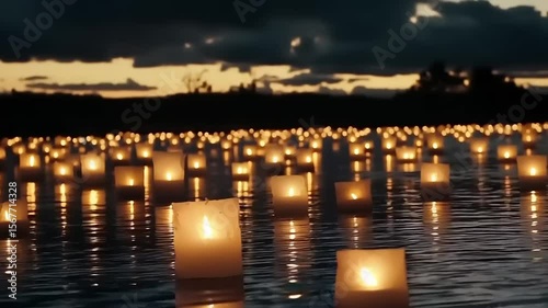 Many paper lanterns floating on water at dusk