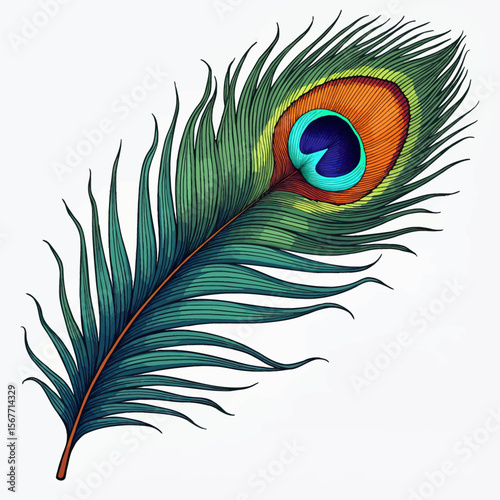 A beautiful and vibrant illustration of a single peacock feather, showcasing intricate line work and rich green, orange, and turquoise colors, a symbol of beauty.
