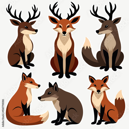 A charming character set of cute woodland animals in a flat design style, featuring three friendly deer and three clever foxes sitting in various delightful poses.

