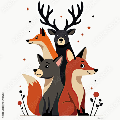 A charming and stylized cartoon composition of a forest animal family, featuring a majestic stag, two clever foxes, and a wolf gathered together as friends.
