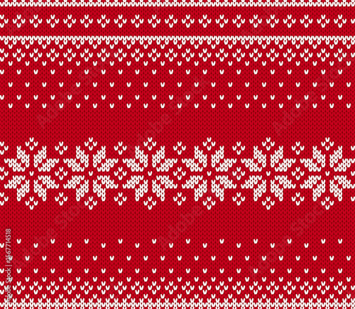 Geometric Christmas pattern. Traditional background with snowflakes. Xmas winter knit seamless print. Red knitted sweater texture. Holiday wool pullover ornament. Festive crochet. Vector illustration