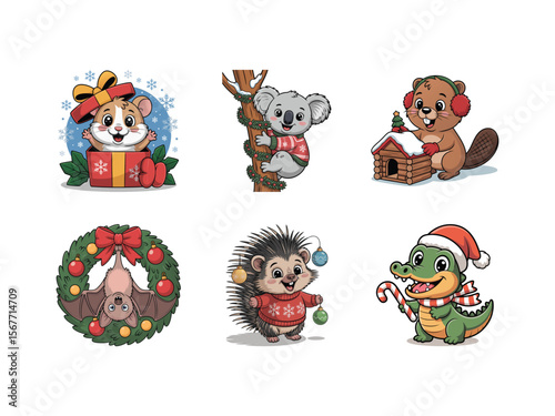 Festive and cute Christmas animal illustrations, featuring animals in winter gear, decorating trees, and spreading holiday cheer