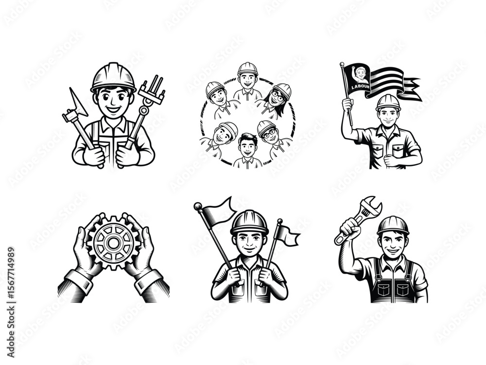 Fototapeta premium Line art designs symbolizing labor pride and industrial teamwork with workers, gears, flags, and tools