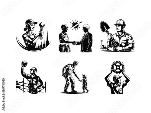 Line art celebrating the labor industry with engineers, business agreements, and proud construction workers