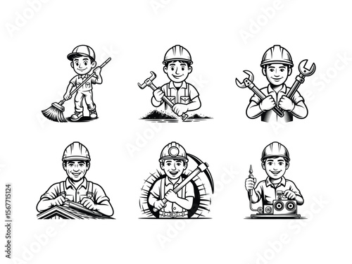 Line art illustrations of various skilled trades including a carpenter, mechanic, roofer, miner, and machinist