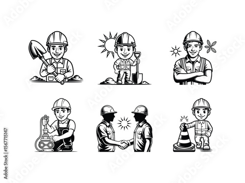 Line art illustrations showing construction workers digging, shaking hands, and operating a jackhammer under the sun