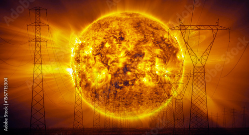 Fototapeta Naklejka Na Ścianę i Meble -  The sun, the largest energy source, and the transmission of energy via high voltage lines - 
